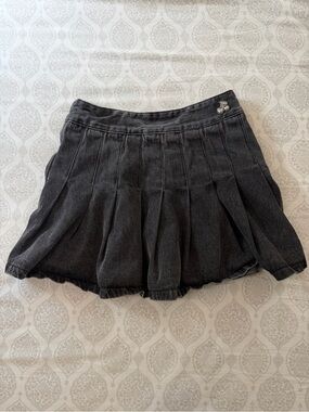 Pleated Black Denim Mini Skirt